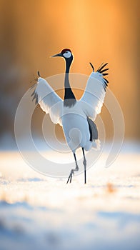 Graceful Crane Dancing in Snowy Field