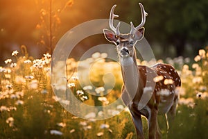 Graceful Deer Grazing in Sunlit Meadow photo