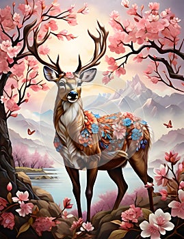 A graceful deer standing amidst a vibrant orchard of almond blossoms, animal design photo