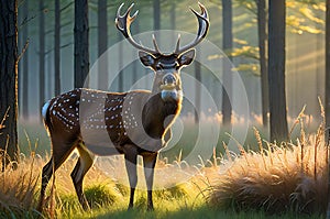 Graceful Deer Standing in Early Morning Mist - Sharp Focus on Dew-Covered Grass with Soft Glow of First Light