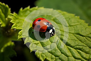 Graceful Encounter: A Tiny Red Ladybug Exploring a Green Leaf