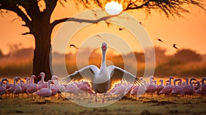 Graceful Flamingo Amidst White Geese in Golden Sunset