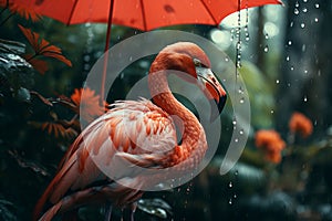 Graceful flamingo in rain unique artistic interpretation of elegant bird enduring a shower