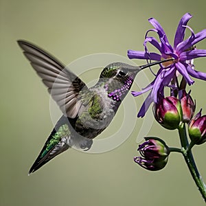 Graceful Flight Hummingbird and the Purple Bloom