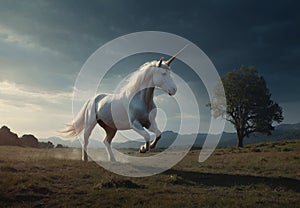 Graceful Gallop: Beautiful White Unicorn in Fantasy Landscape