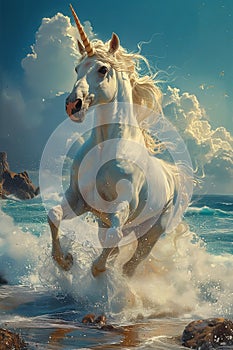 Graceful Gallop: A Majestic White Horse on the Aqua Silk Sands