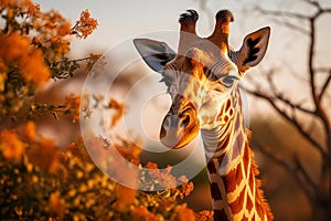 Graceful Giraffe Reaching for Acacia Leaves in African Savannah