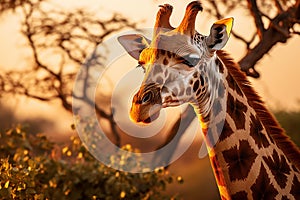 Graceful Giraffe Reaching for Acacia Leaves in African Savannah