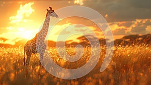 Graceful giraffe in savanna, photorealistic low angle shot capturing warm sunset glow photo