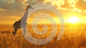 Graceful giraffe in sunset savanna, photorealistic low angle shot with warm sunlight rays