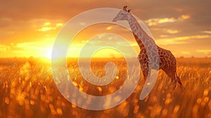 Graceful giraffe in sunset savanna photorealistic low angle shot with warm sunlight rays