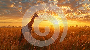 Graceful giraffe in sunset savanna serene ultra wide angle cinematic shot with warm sunbeams