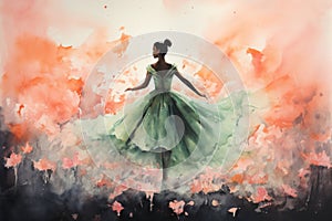 graceful girl in a ballet dress drawn in watercolor back