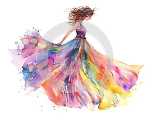 Graceful girl dances in a flowing colorful rainbow dress on a white background. Watercolor drawing. Symbol of spring