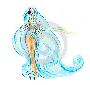 Graceful girl in the Indian long blue dress. Fashion illustration of India