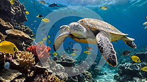 Graceful Glide: A Kemp\'s Ridley Turtle Navigating a Colorful Reef photo