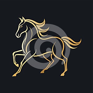 A graceful golden horse in motion against a stark black background, Elegant line art depicting a horse in motion, minimalist