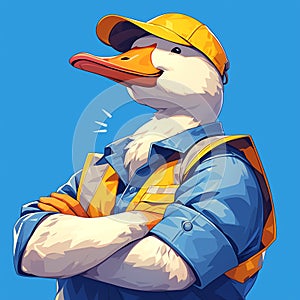 A graceful goose sanitation worker cartoon style