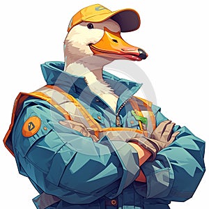 A graceful goose sanitation worker cartoon style