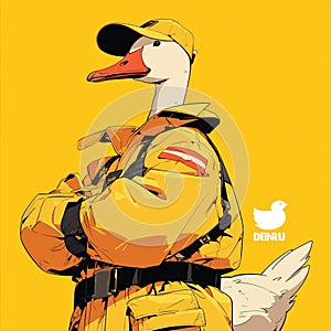 A graceful goose sanitation worker cartoon style