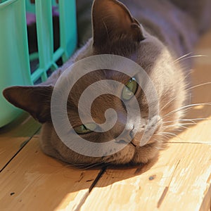 Graceful gray cat lounges in a sunlit room, captivating green gaze