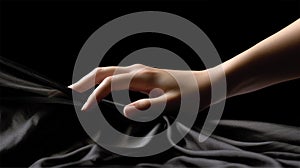 graceful hand in a light airy transparent fabric on a black background