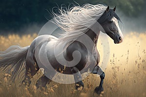 A graceful horse galloping through a meadow, with the wind blowing its mane and tail Generative AI