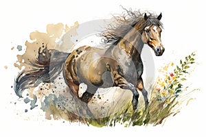 A graceful horse galloping through a meadow, with the wind blowing its mane and tail Generative AI