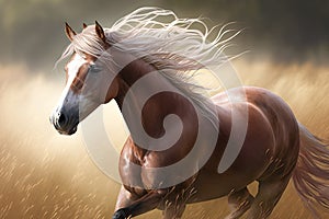 A graceful horse galloping through a meadow, with the wind blowing its mane and tail Generative AI