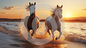 Graceful Horses Galloping Against the Seaside Sunset. Generative AI