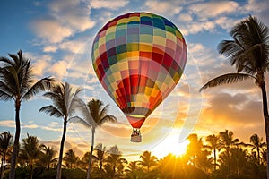 Graceful Hot Air Balloon Soaring Over Tropical Paradise