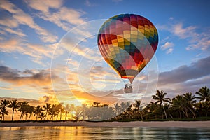 Graceful Hot Air Balloon Soaring Over Tropical Paradise