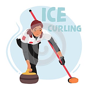 Graceful On The Ice, A Woman Glides With Precision, Releasing The Curling Stone. Concentration Etched On Her Face