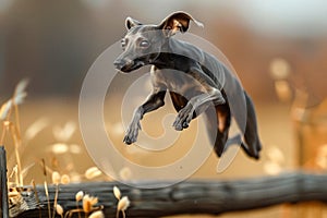 Graceful Italian Greyhound in Mid Air Leap Over a Wooden Log, Capturing the Essence of Canine Agility and Freedom in a Natural