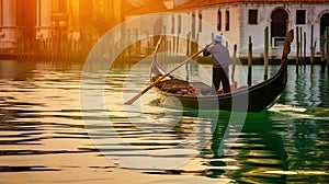 The Graceful Journey of a Venetian Gondolier, Punting through the Emerald Canals of Venice, Italy. Generative AI