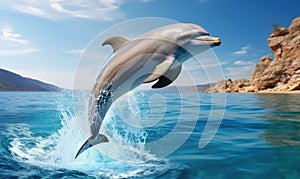 With a graceful leap, the dolphin soared through the air before plunging into the crystal-clear water