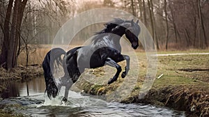 Graceful Leaps: Majestic Black Stallion Soaring Over a Tranquil Creek