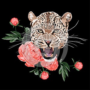 Graceful leopard and coral peony flowers. Savana cat. Elegant poster, t-shirt composition