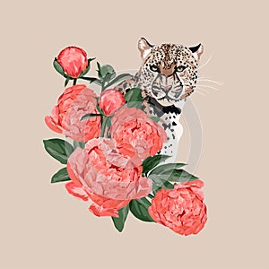 Graceful leopard and coral peony flowers. Savana cat. Elegant poster, t-shirt composition, hand drawn style print.