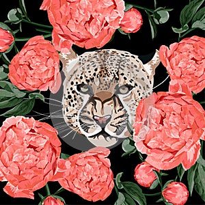Graceful leopard and coral peony flowers. Savana cat. Elegant seanless pattern
