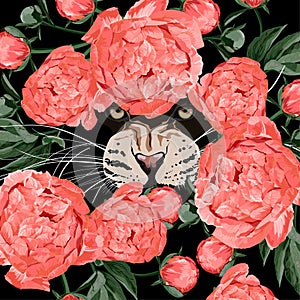 Graceful leopard and coral peony flowers. Savana cat eyes.