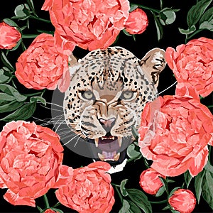 Graceful leopard and coral peony flowers. Savana cat eyes. Elegant poster, t-shirt composition.