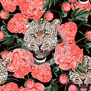 Graceful leopard and coral peony flowers. Savana cat eyes. Elegant seanless pattern.