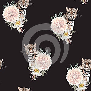 Graceful leopard and Dahlia lilies flowers and herbs seamless pattern. Savana cat.