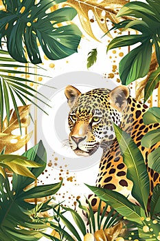 Graceful leopard and gold fern leaves, flowers. Savana, Elegant poster, illustration