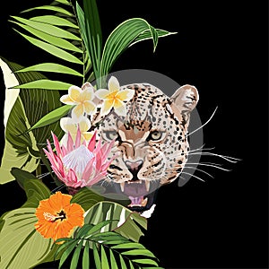 Graceful leopard and tropical leaves. Savana cat. Elegant poster, t-shirt composition.