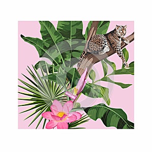 Graceful leopard and tropical leaves. Savana cat. Elegant poster, t-shirt composition, hand drawn style print.