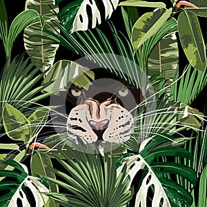 Graceful leopard and tropical leaves. Savana cat eyes. Elegant poster, t-shirt composition.