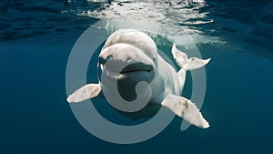 Graceful and Majestic: A Beluga Whale Swimming in a Friendly Manner. Concept Underwater