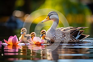 Graceful Mallard Duck Family in Serene Pond